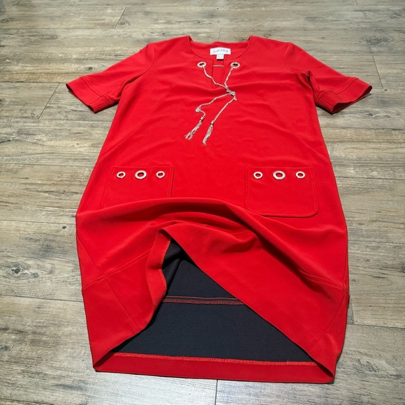 Joseph Ribkoff Merlot Dress Size 10 w/ Pockets, Eyelet Buttons and Chain Accent - Picture 8 of 13